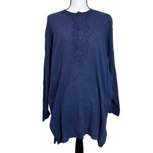 India Arts Embroidered Tunic Top Long Sleeve‎ Boho Festival Shirt Navy Blue XL